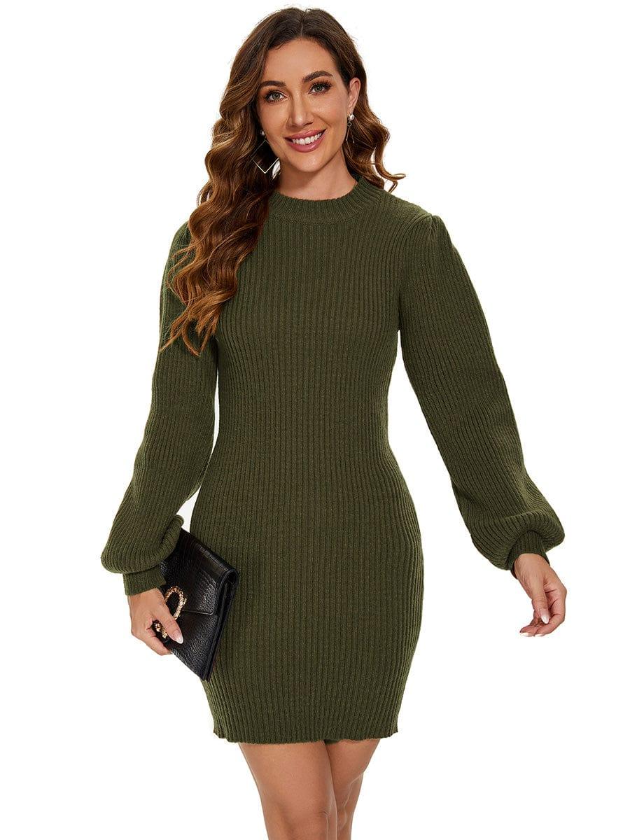 Ribbed Knit Long Lantern Sleeve Bodycon Sweater Dress #color_Dark Green