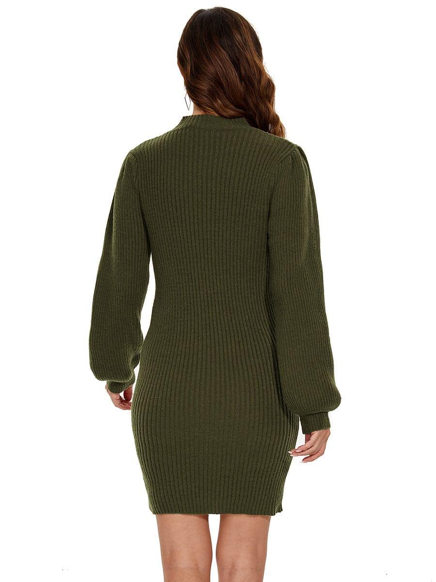 Ribbed Knit Long Lantern Sleeve Bodycon Sweater Dress #color_Dark Green