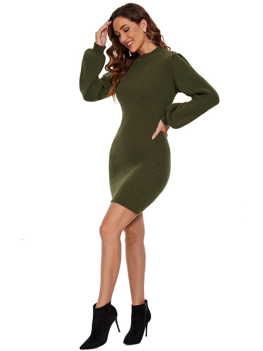 Ribbed Knit Long Lantern Sleeve Bodycon Sweater Dress #color_Dark Green