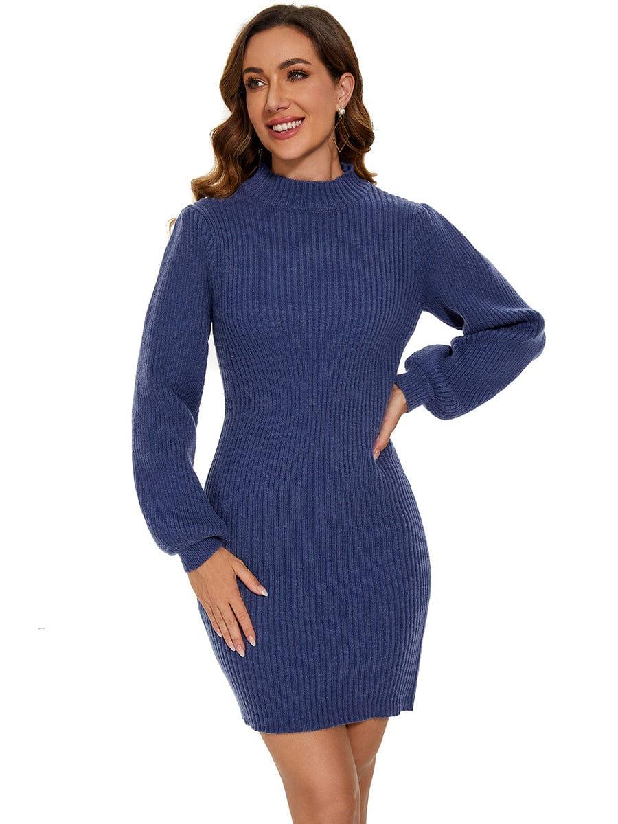 Ribbed Knit Long Lantern Sleeve Bodycon Sweater Dress #color_Navy Blue