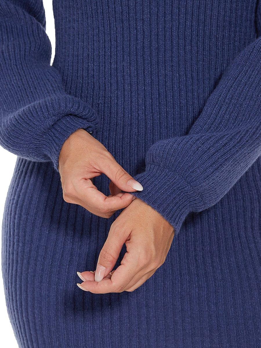 Ribbed Knit Long Lantern Sleeve Bodycon Sweater Dress #color_Navy Blue