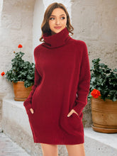 Long Sleeve Turtleneck Short Sweater Dress With Pocket #color_Burgundy