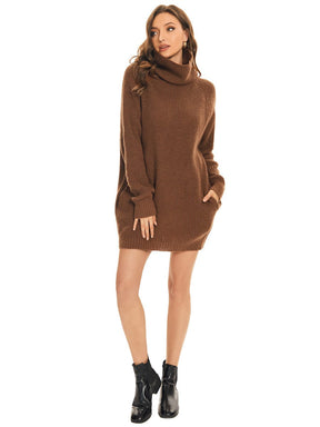 Long Sleeve Turtleneck Short Sweater Dress With Pocket