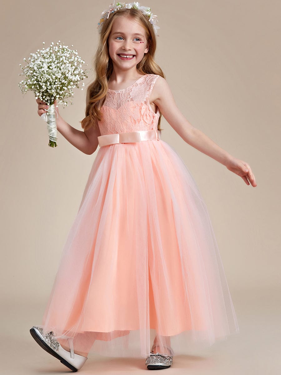 Princess Bow Sleeveless Lace Tulle Flower Girl Dress #color_Blush