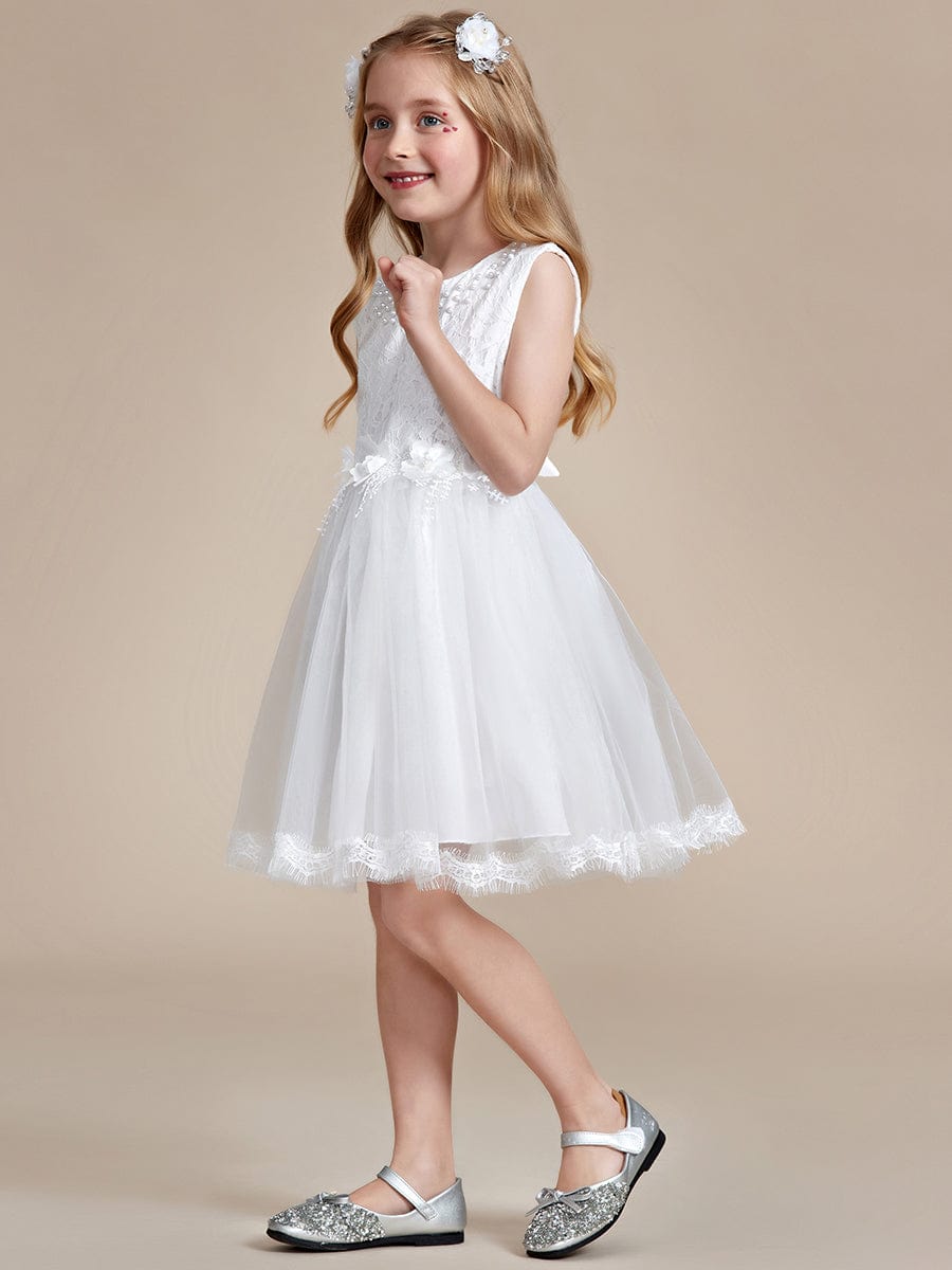 White Lace Tulle Flower Girl Dress with Bow Back Detail