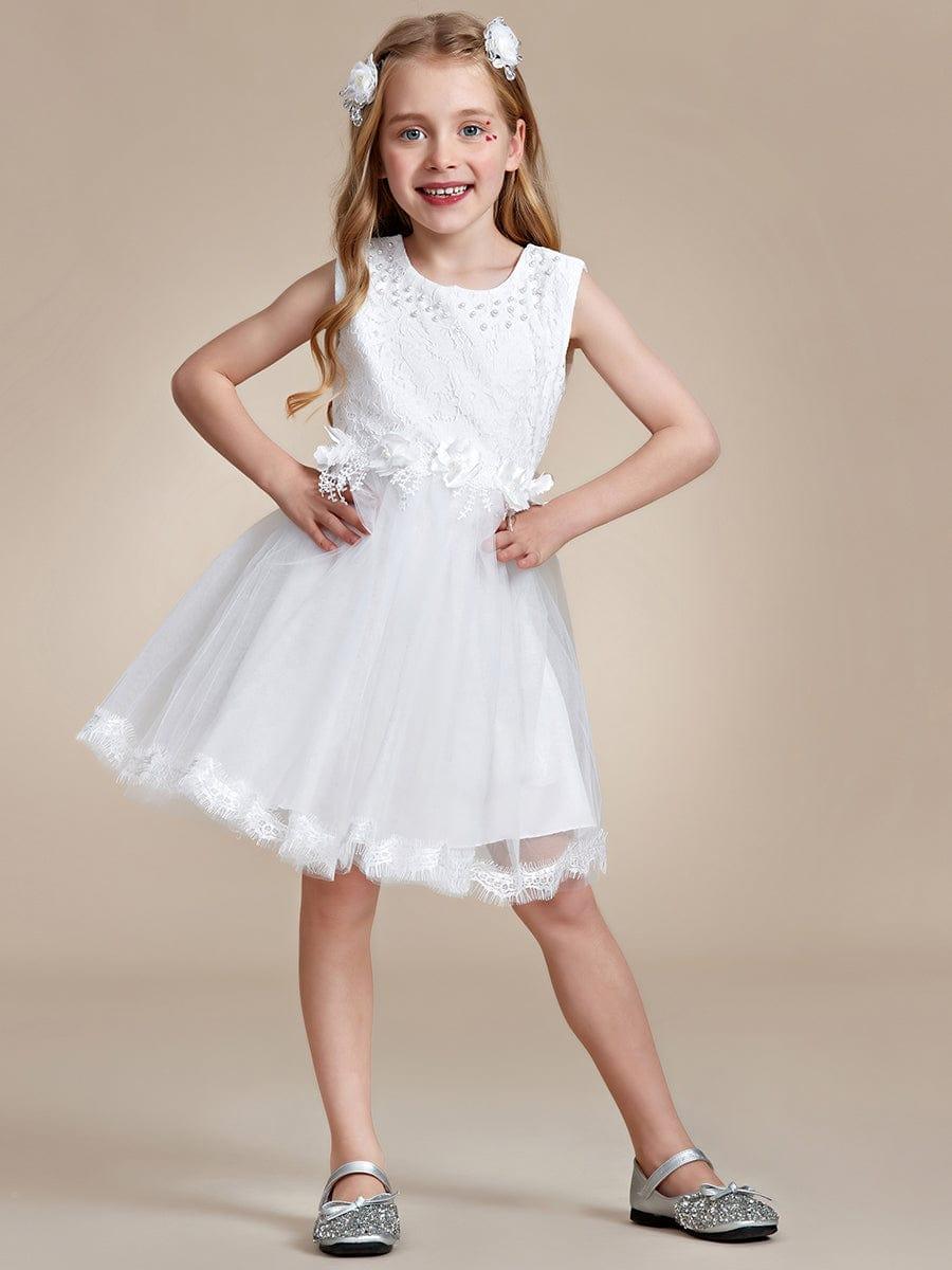 White Lace Tulle Flower Girl Dress with Bow Back Detail