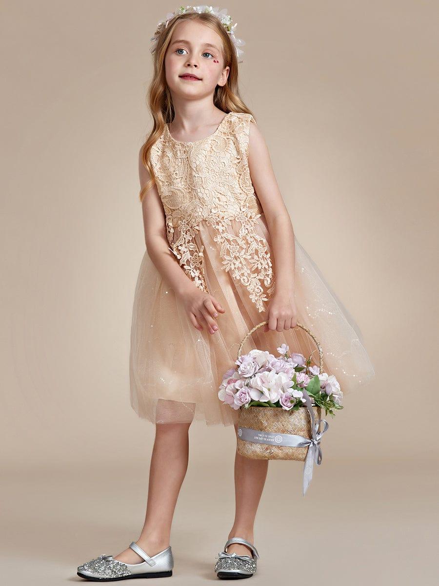 Elegant Lace Embroidered A-Line Flower Girl Dress with Bowknot and Sleeveless