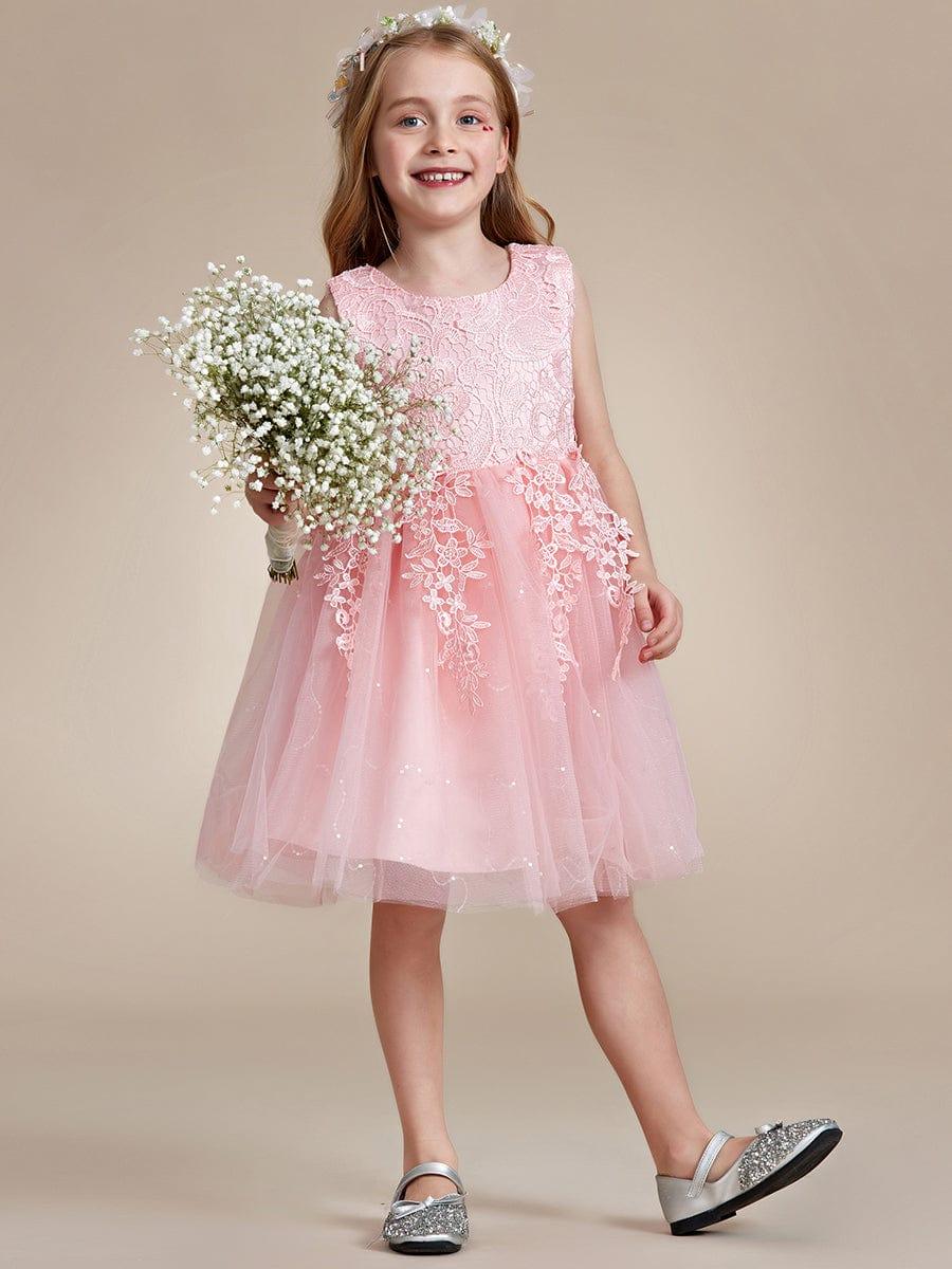 Elegant Lace Embroidered A-Line Flower Girl Dress with Bowknot and Sleeveless