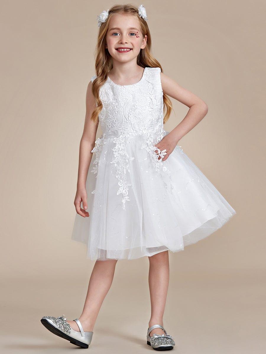 Elegant Lace Embroidered A-Line Flower Girl Dress with Bowknot and Sleeveless