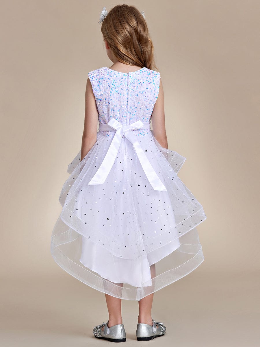 Sparkling Glitter High Low A-Line Sleeveless Multi-Layered Tulle Flower Girl Dress #Color_White