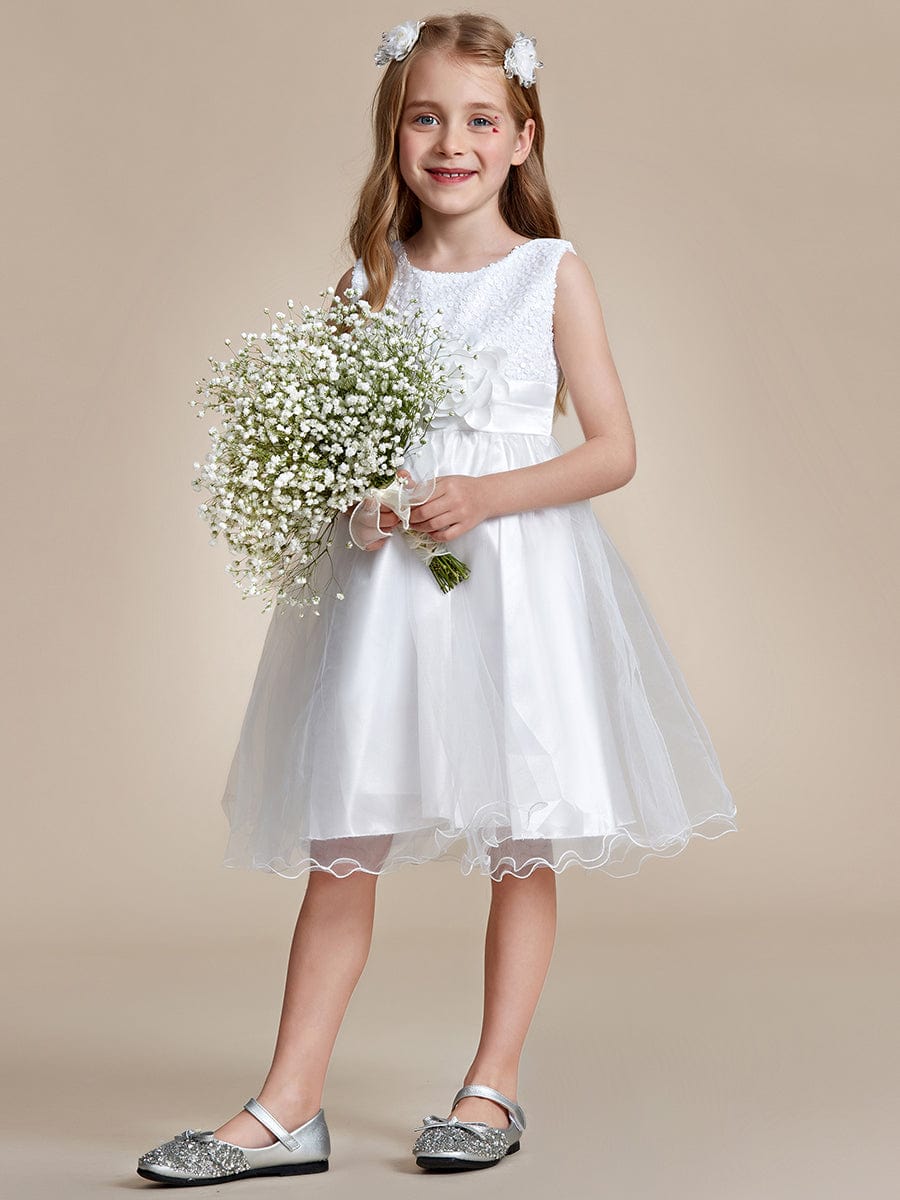 Sparkling Sequin Round Neckline Short Princess Dress for Girls #color_White