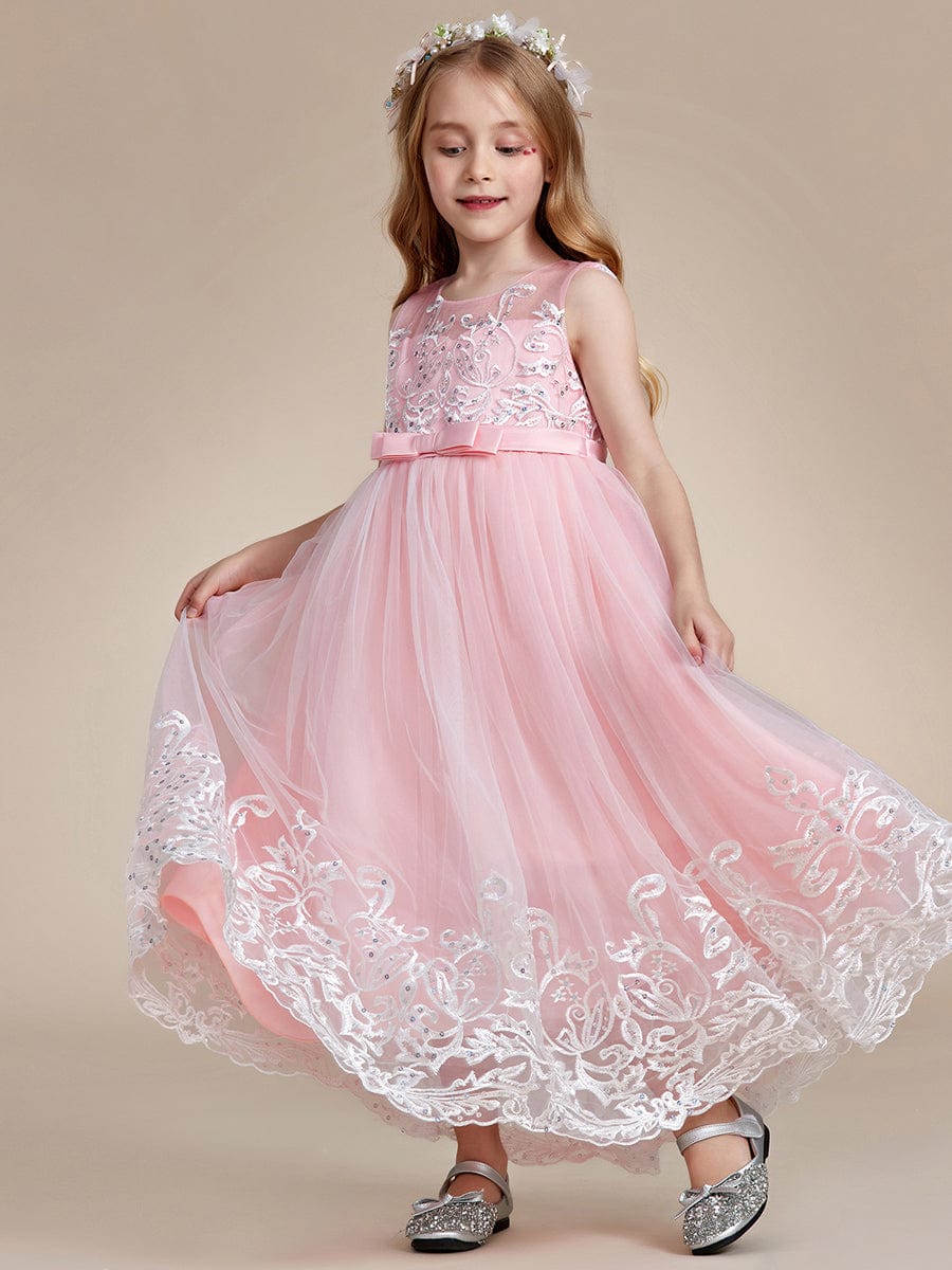 Elegant Lace Princess Dress for Flower Girl with Bowknot #color_Pink