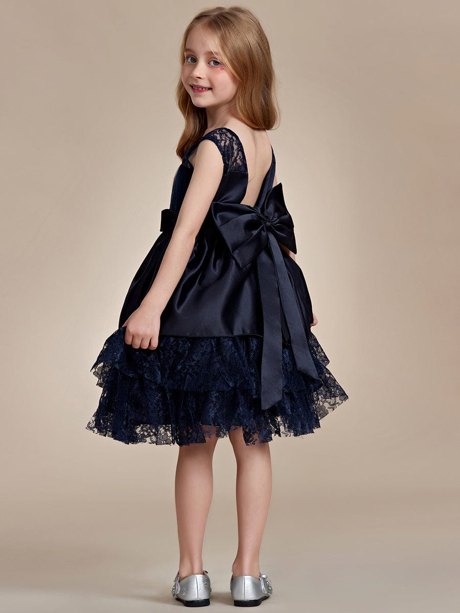 Elegant Lace and Bowknot Tiered Flower Girl Dress #color_Navy Blue