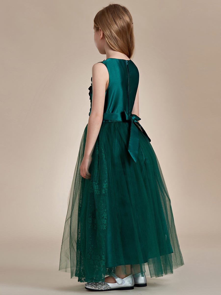 Floral Tulle Applique Princess Flower Girl Dress With Satin Back #color_Dark Green