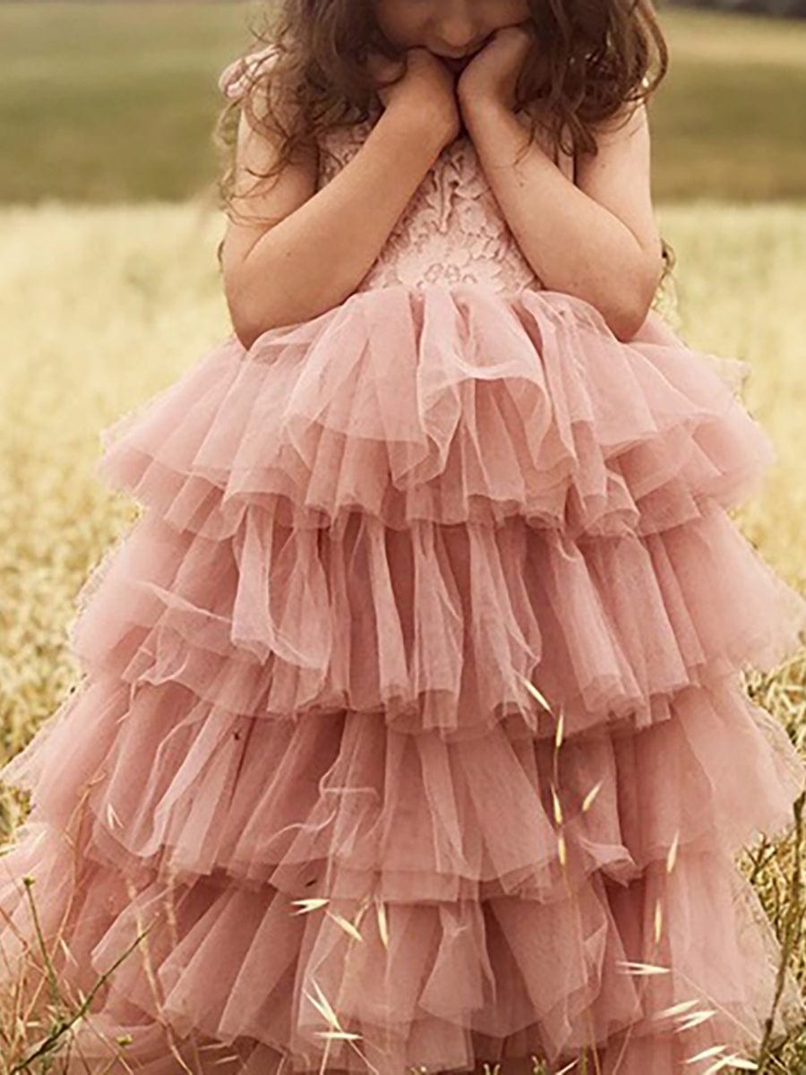 Multi-Layered Tulle Princess Flower Girl Dress with Spaghetti Straps #color_Pink