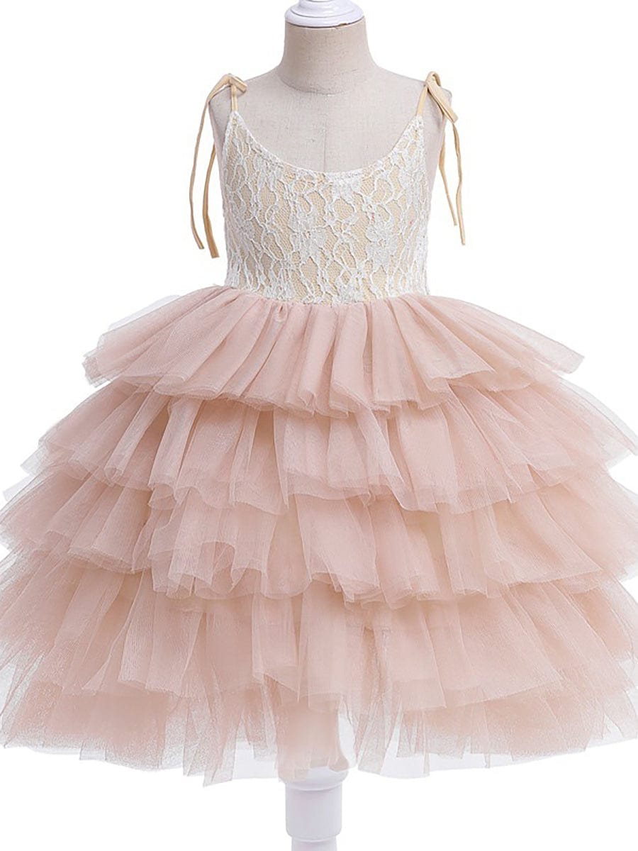 Multi-Layered Tulle Princess Flower Girl Dress with Spaghetti Straps #color_Pink