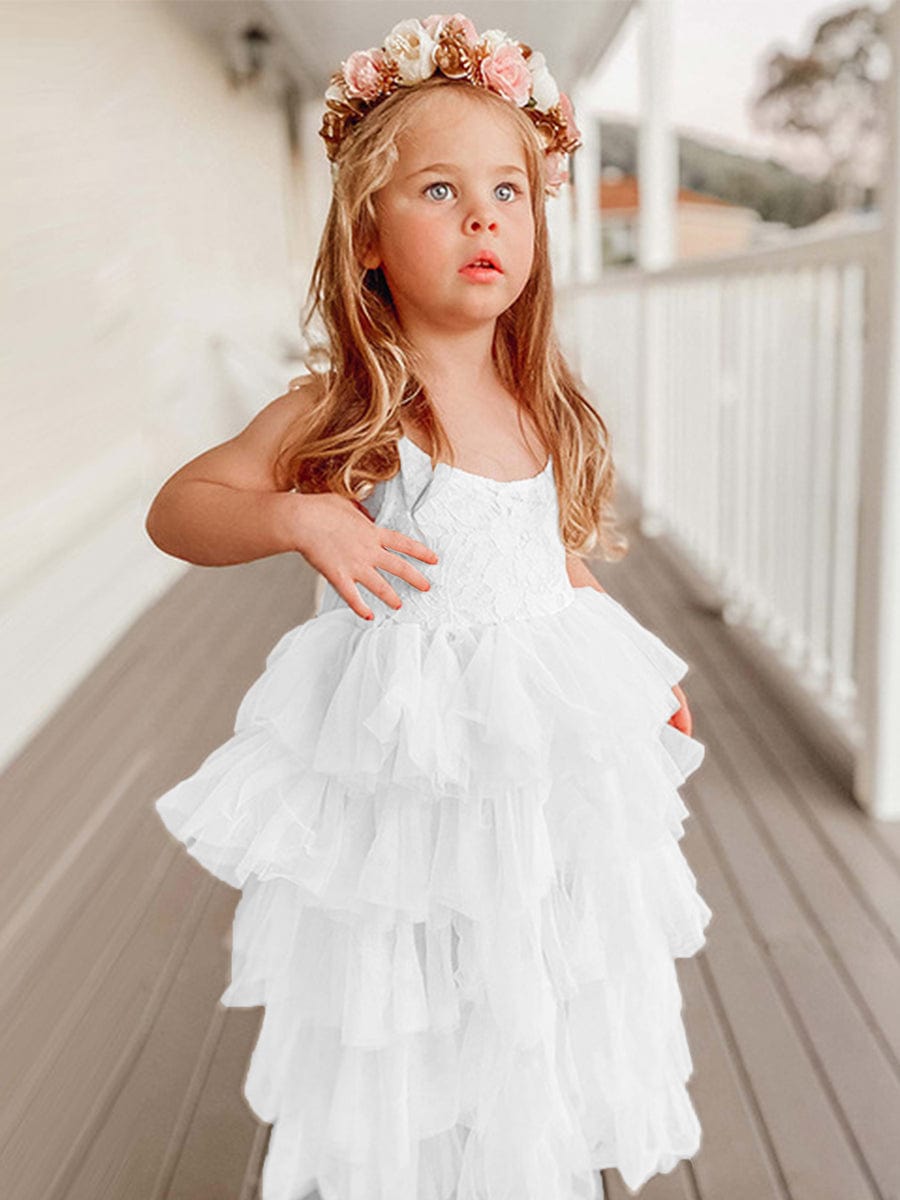 Multi-Layered Tulle Princess Flower Girl Dress with Spaghetti Straps