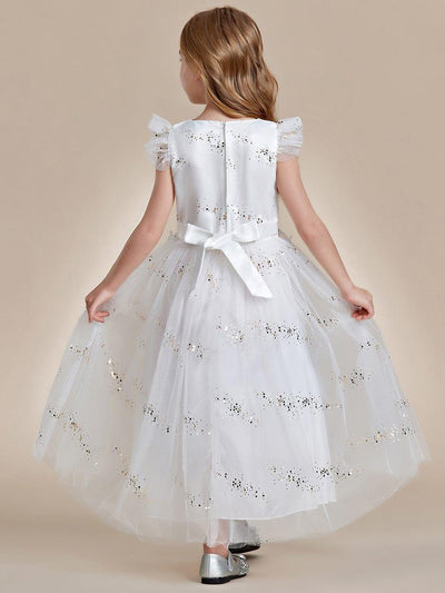 Lace and Sparkle Princess Flower Girl Dress with Flutter Sleeves #color_White