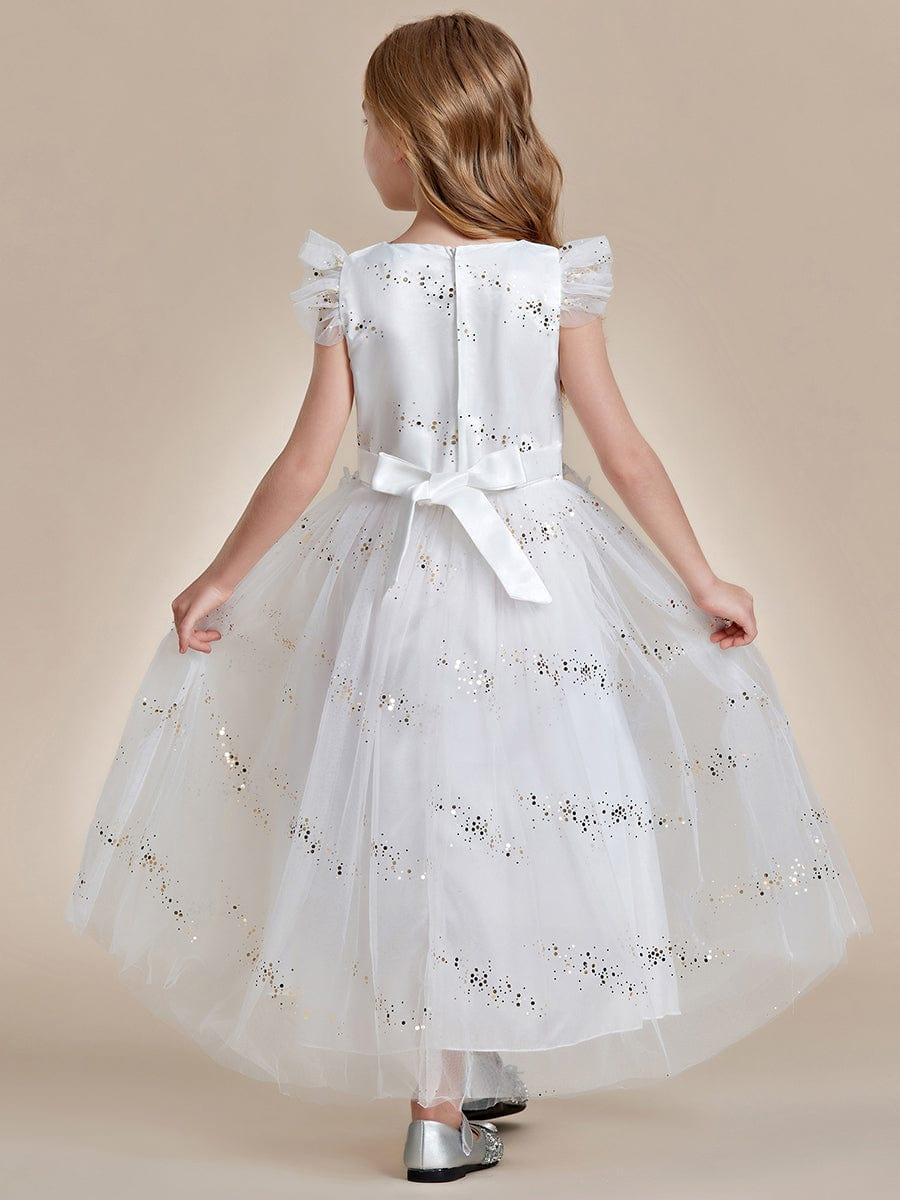 Lace and Sparkle Princess Flower Girl Dress with Flutter Sleeves #color_White