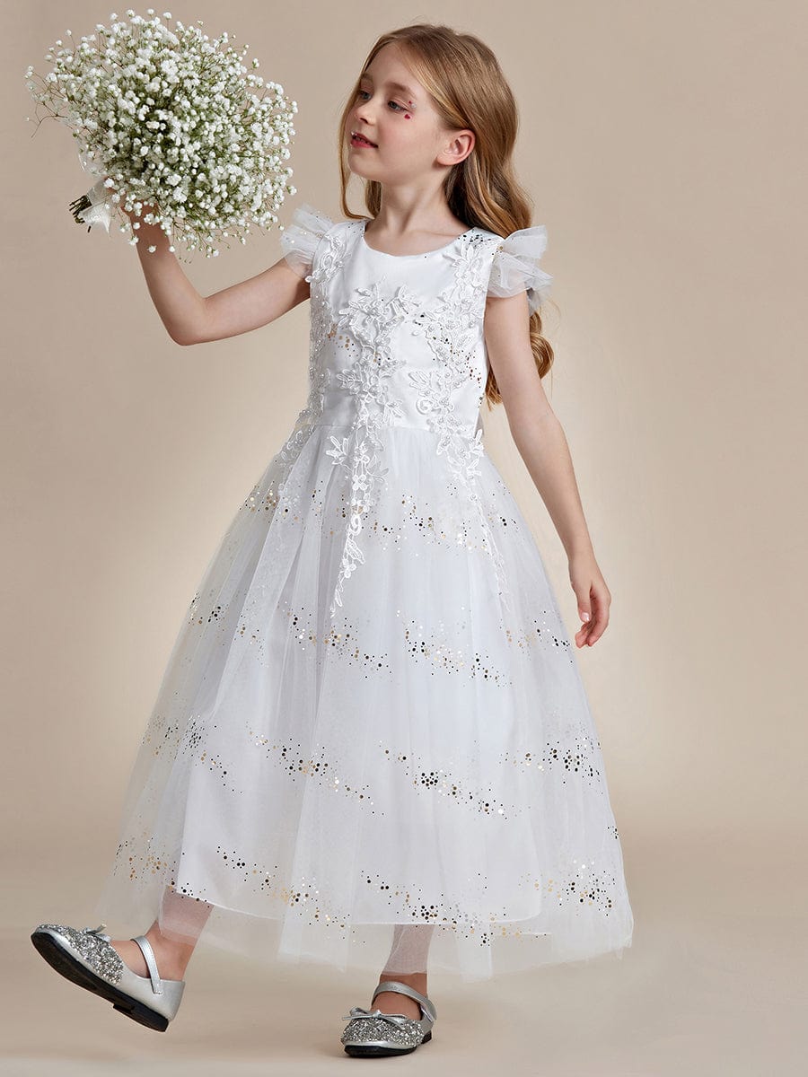 Lace and Sparkle Princess Flower Girl Dress with Flutter Sleeves
