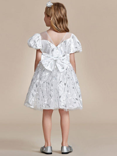 Sparkling A-line Flower Girl Dress with Puffy Sleeves #color_White