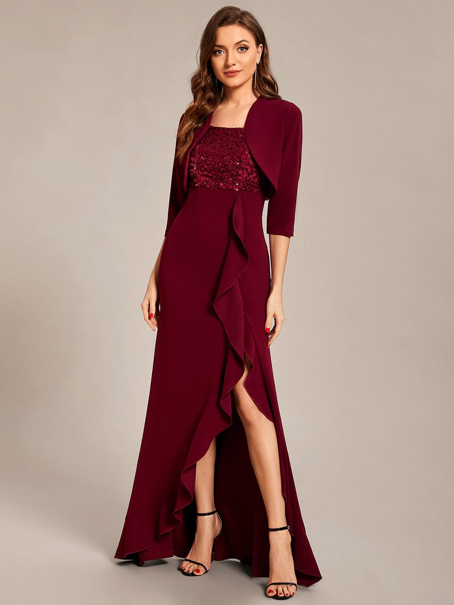 Custom Size Sequin Ruffle Front Slit Mother Dresses With Jacket #color_Burgundy