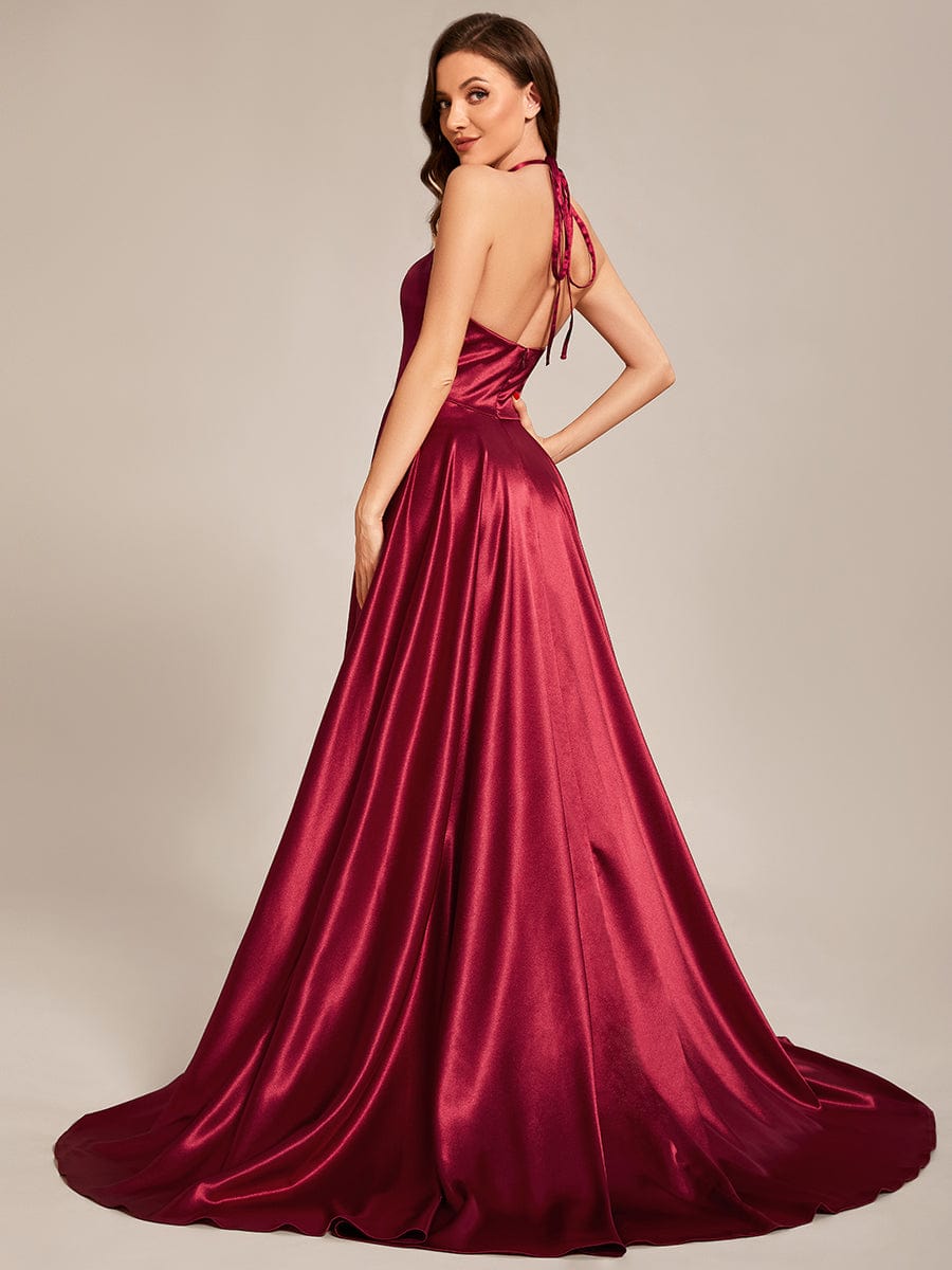Custom Size Halter Neck Long High Slit Satin Prom Dress #color_Burgundy