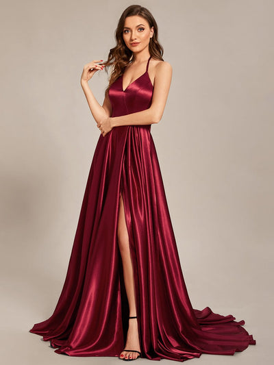 Custom Size Halter Neck Long High Slit Satin Prom Dress