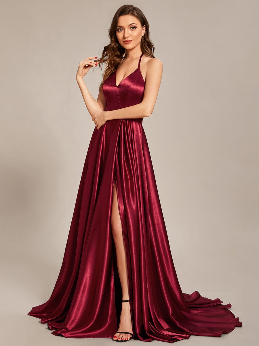 Custom Size Halter Neck Long High Slit Satin Prom Dress