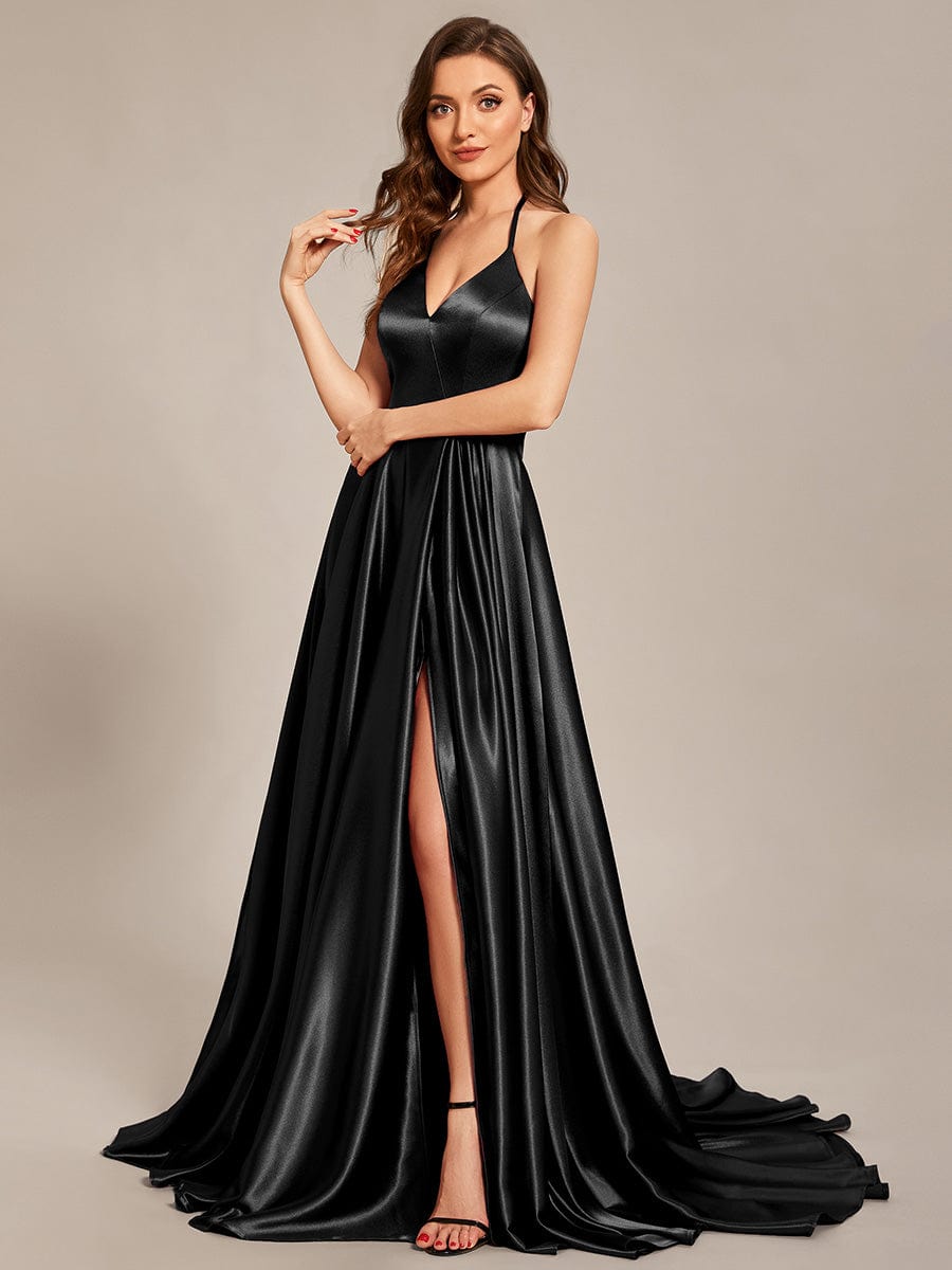 Custom Size Halter Neck Long High Slit Satin Prom Dress #color_Black