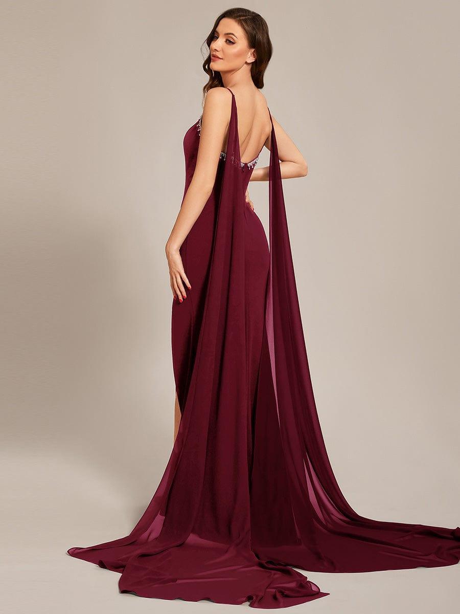 Custom Size Sequin Lace-Up Feather High Slit Mermaid Prom Dresses #color_Burgundy