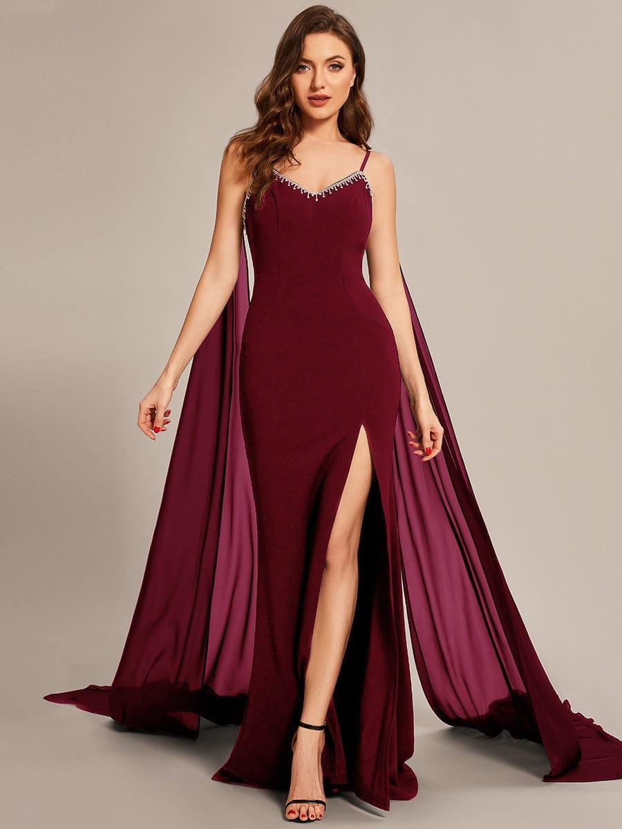 Custom Size Sequin Lace-Up Feather High Slit Mermaid Prom Dresses #color_Burgundy