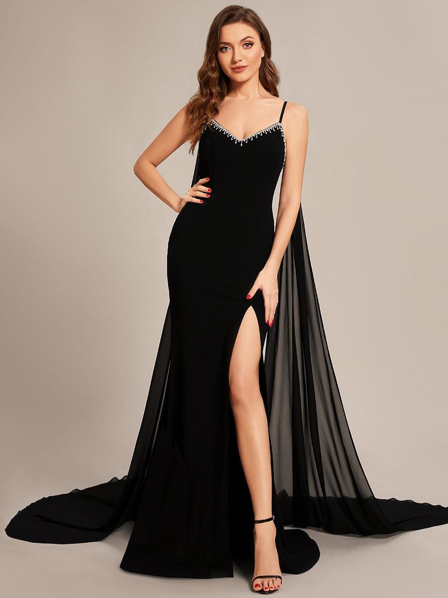 Custom Size Sequin Lace-Up Feather High Slit Mermaid Prom Dresses #color_Black