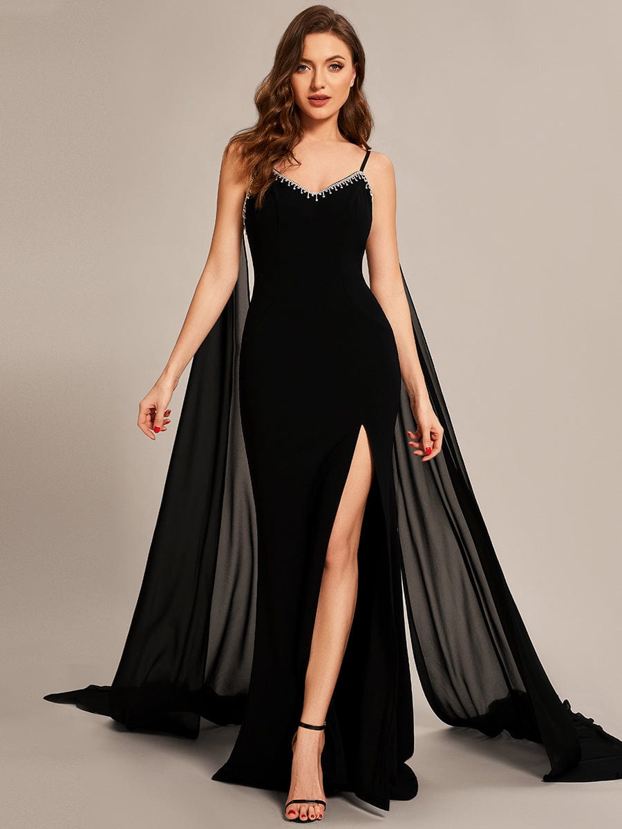 Custom Size Sequin Lace-Up Feather High Slit Mermaid Prom Dresses #color_Black