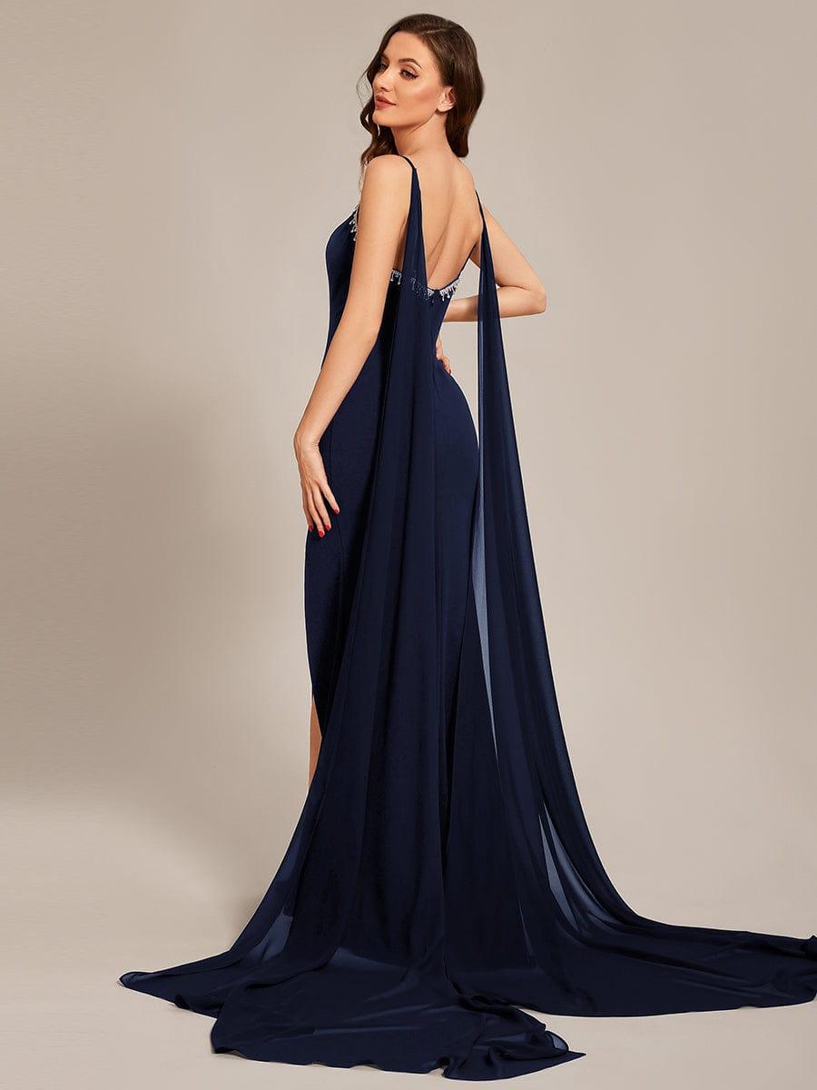 Custom Size Sequin Lace-Up Feather High Slit Mermaid Prom Dresses #color_Navy Blue