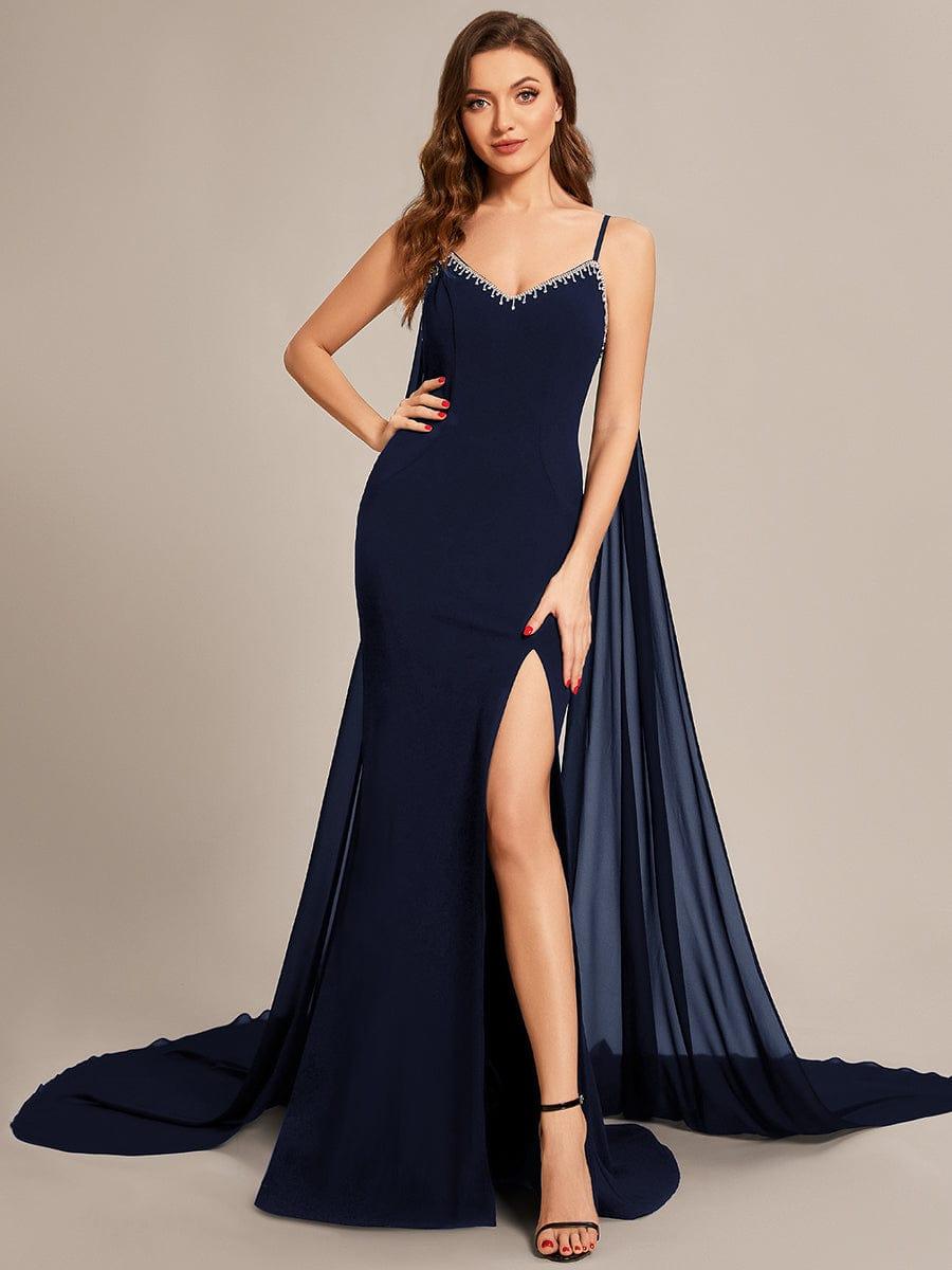 Custom Size Sequin Lace-Up Feather High Slit Mermaid Prom Dresses #color_Navy Blue