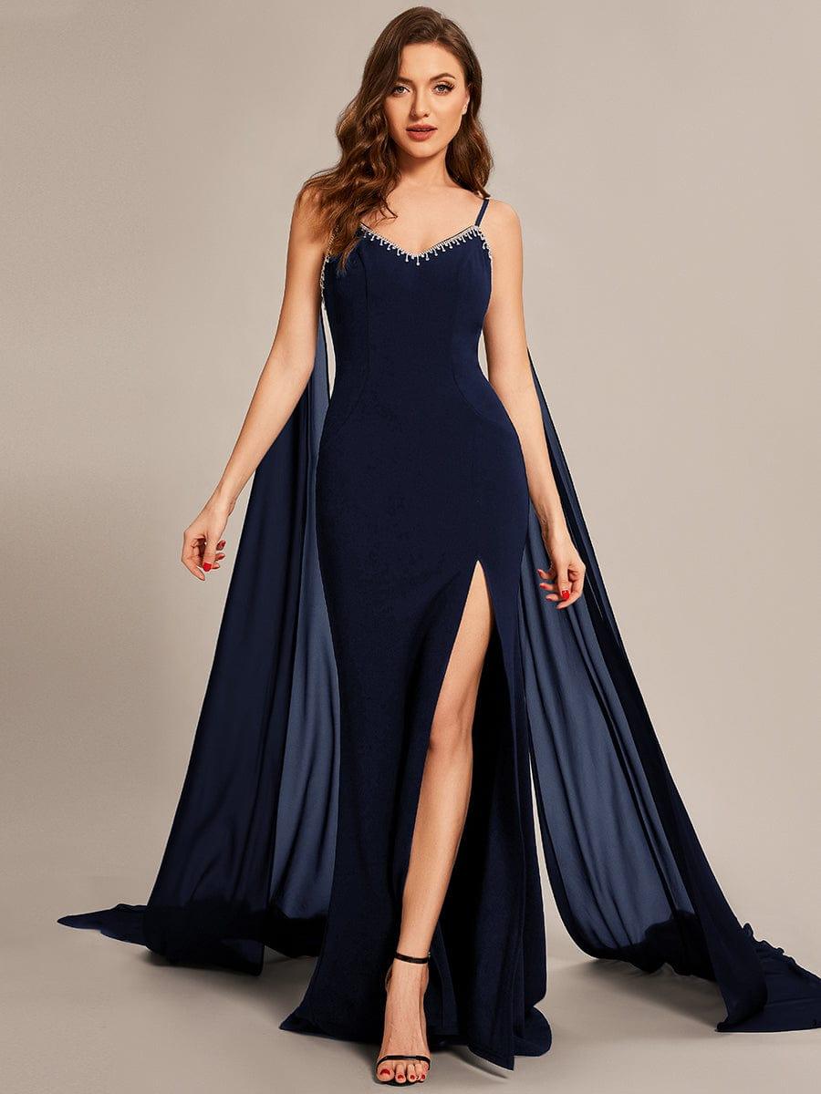 Custom Size Sequin Lace-Up Feather High Slit Mermaid Prom Dresses #color_Navy Blue