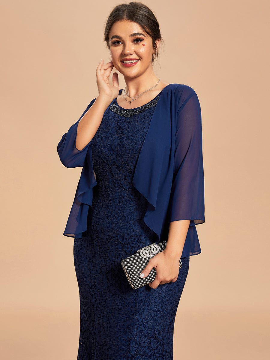 Custom Size Elegant Lace Mermaid Dress with Chiffon Jacket Two-Piece Set #color_Navy Blue