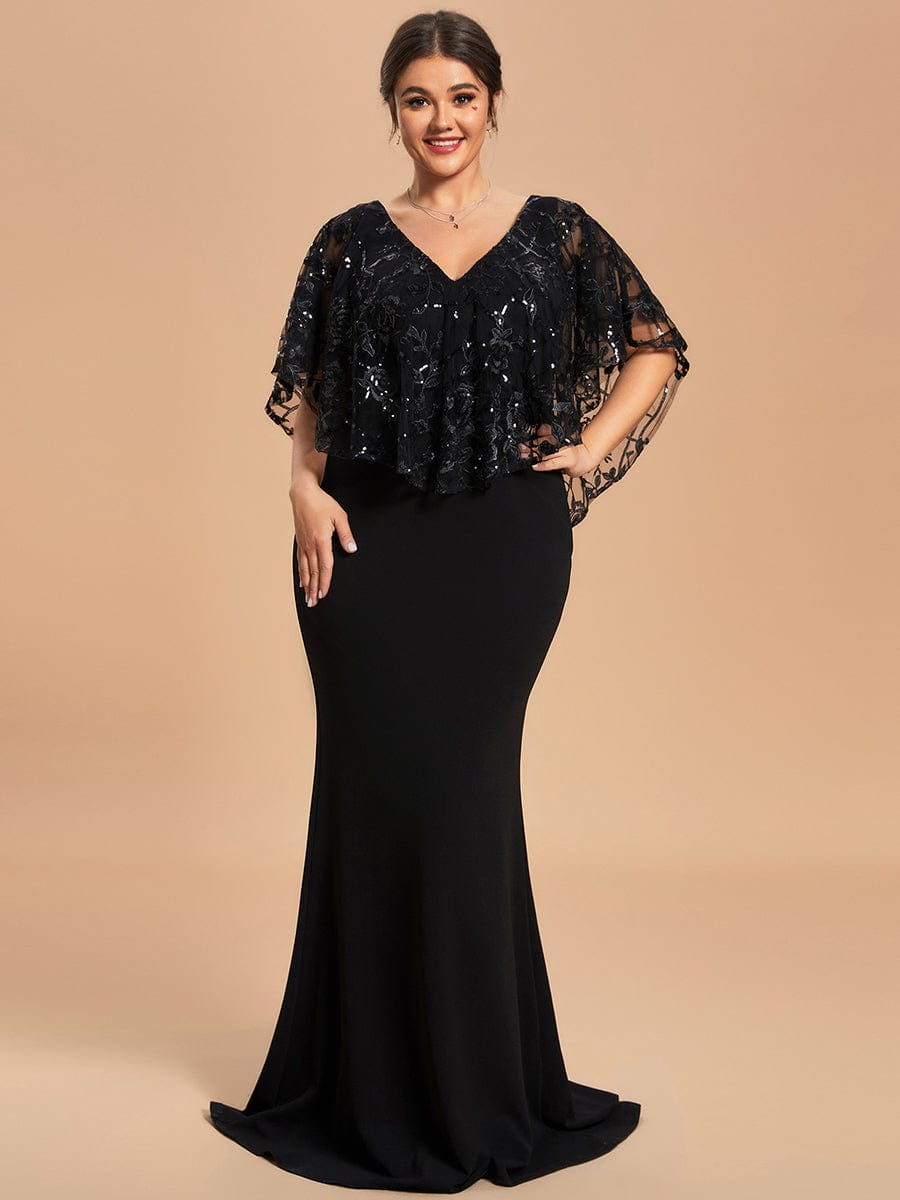 Custom Size V-Neck Sequins Cape Short Sleeves Long  Mother of the Bride Dress #color_Black