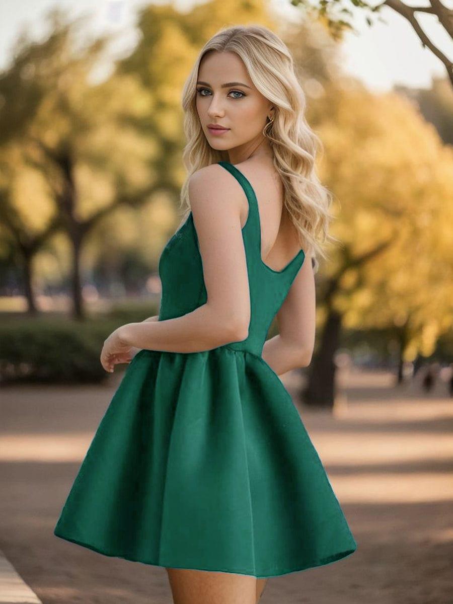 Chic Square Neck Open Back A-line Homecoming Dress #color_Dark Green