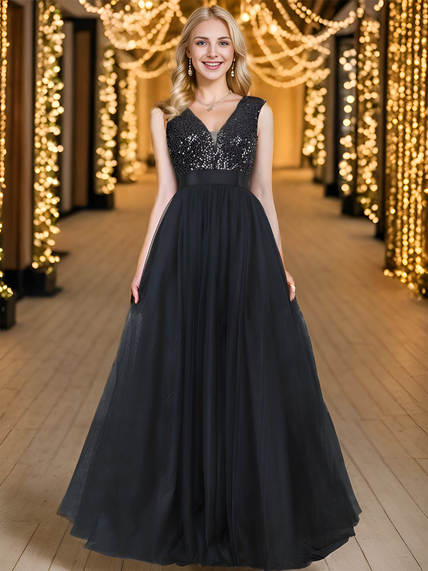 Custom Size A-line Sleeveless Deep V-neck Sequin Ribbon Waist Tulle Prom Dress #color_Black