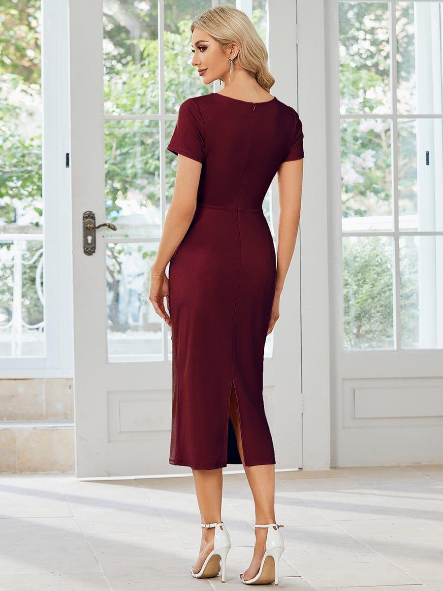 Chic Short Sleeve V-Neck Tie-Waist High Sheath Wedding Guest Dress #color_Burgundy