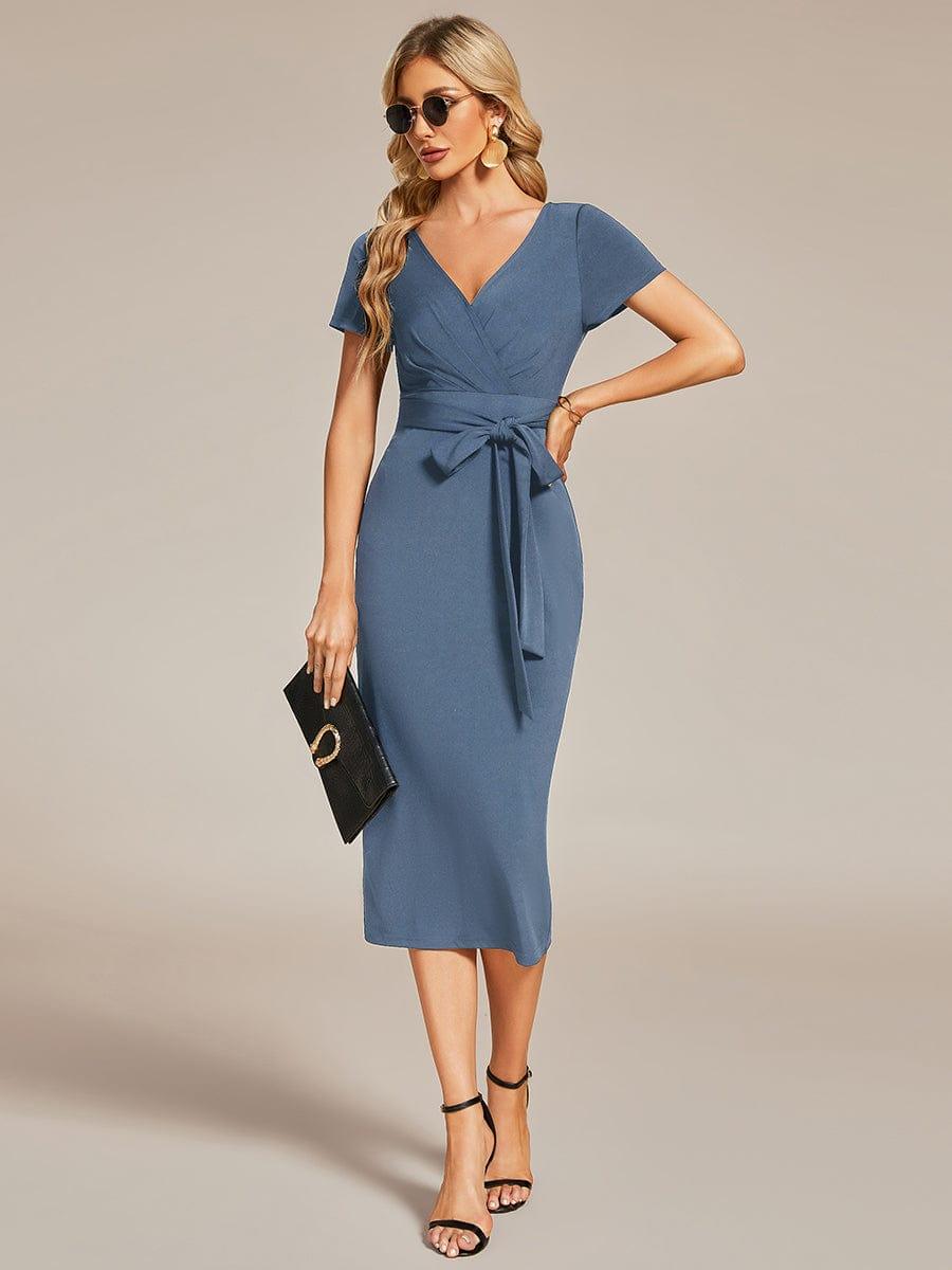 Chic Short Sleeve V-Neck Tie-Waist High Sheath Wedding Guest Dress #color_Dusty Blue