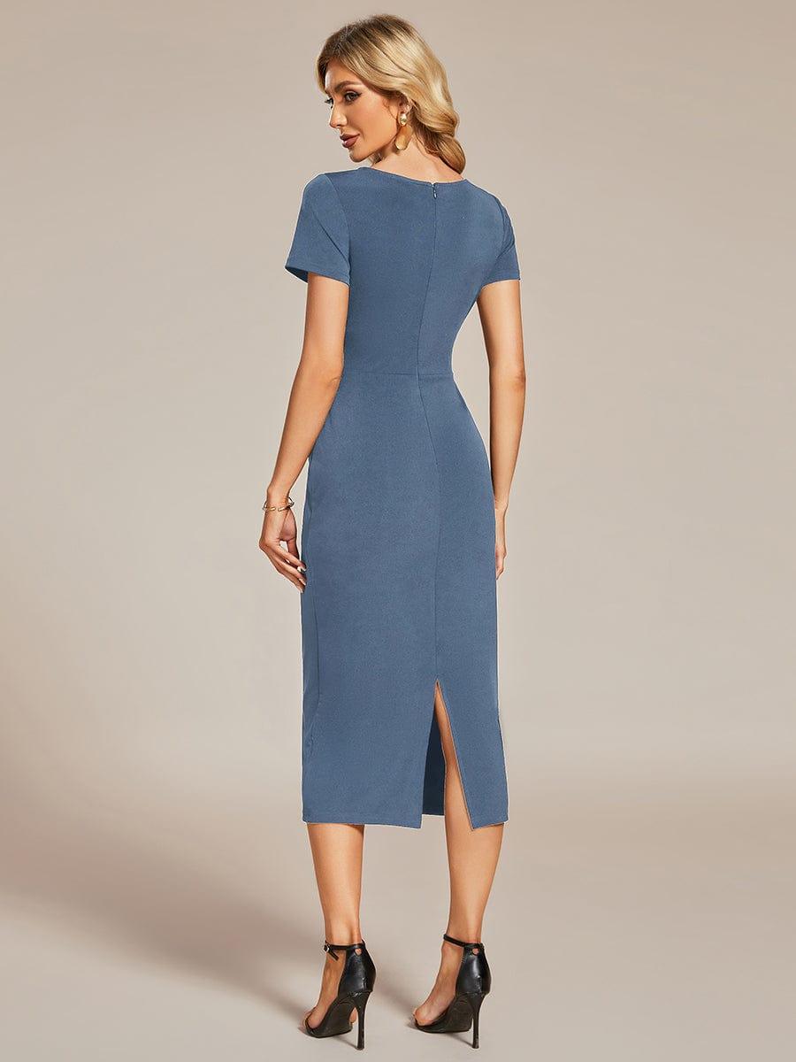 Chic Short Sleeve V-Neck Tie-Waist High Sheath Wedding Guest Dress #color_Dusty Blue