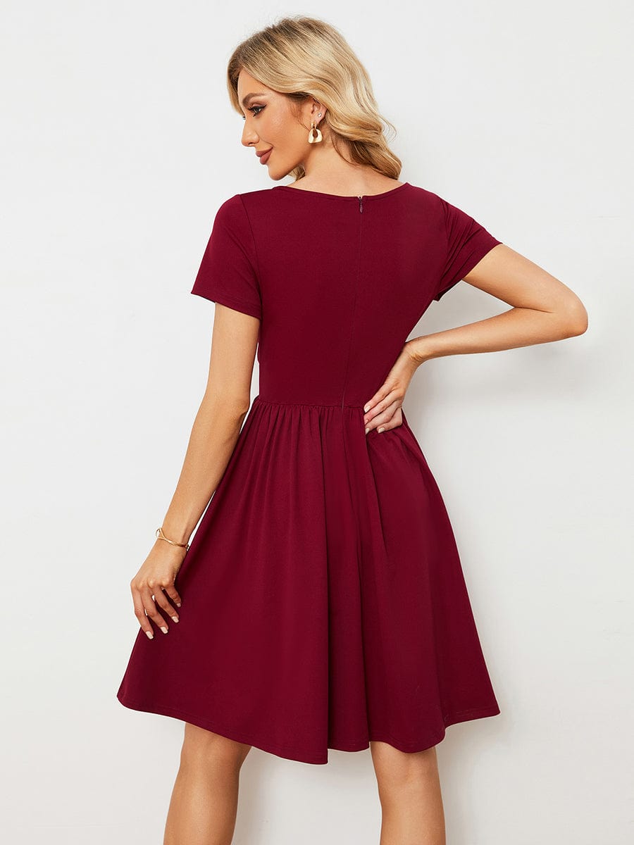 V Neck Short Sleeves A-Line Mini Summer Casual Cocktail Dress #color_Burgundy