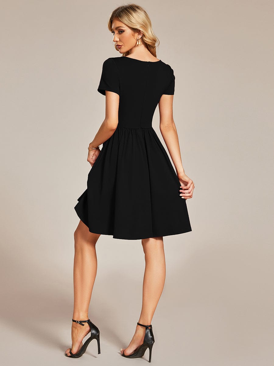 V Neck Short Sleeves A-Line Mini Summer Casual Cocktail Dress #color_Black