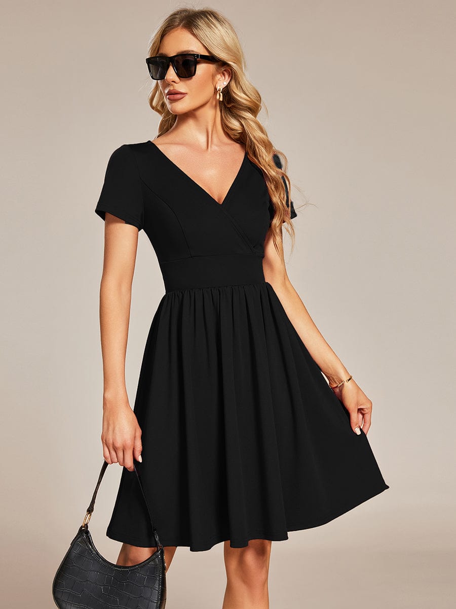 V Neck Short Sleeves A-Line Mini Summer Casual Cocktail Dress #color_Black