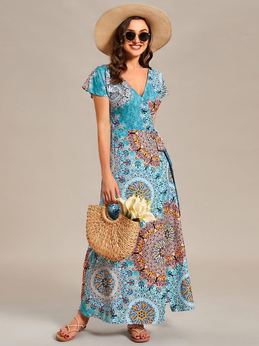 One-Piece Printed Short Sleeve Tie-Waist Wedding Guest Dress