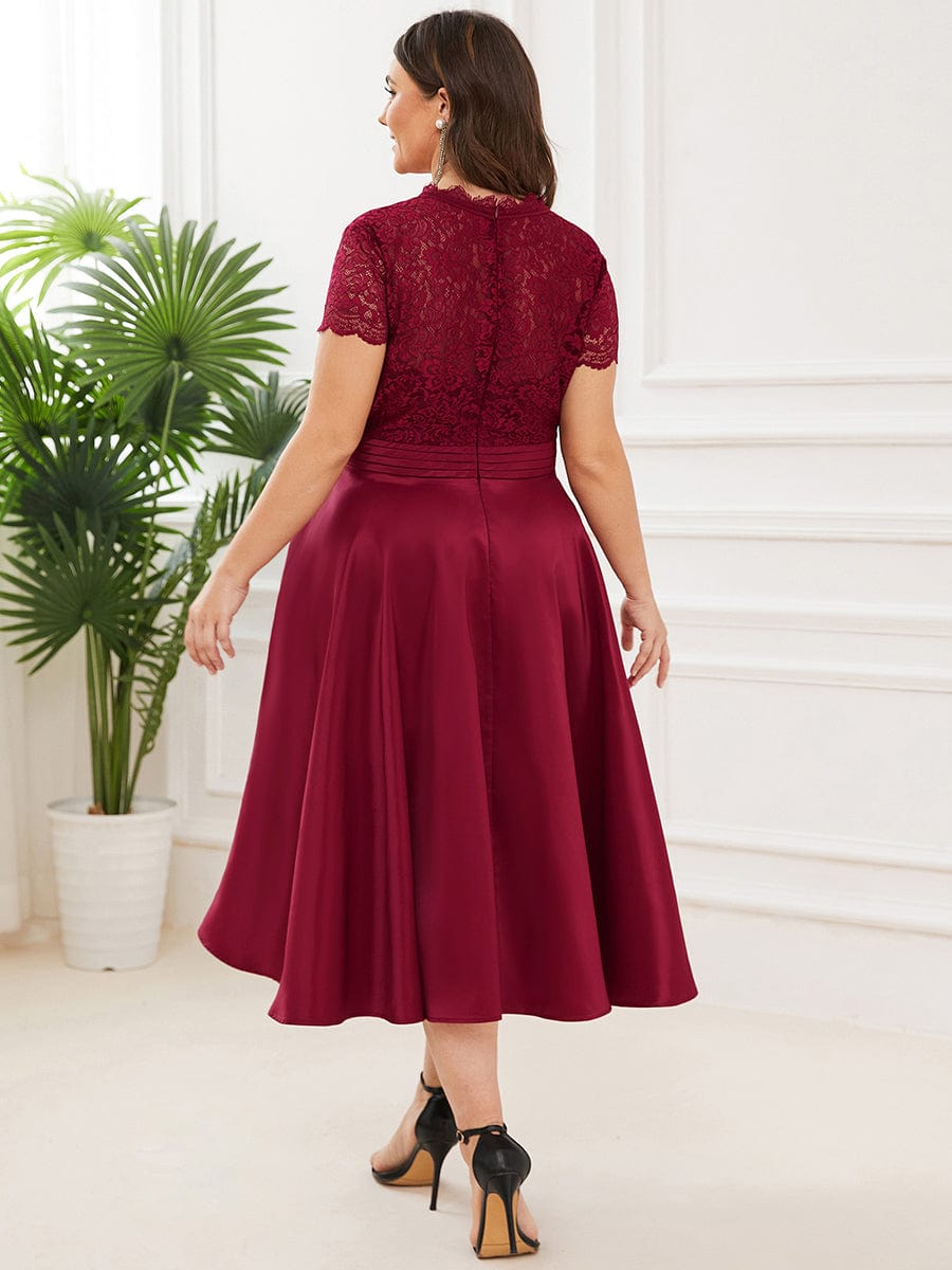 Plus Size Lace Cap Sleeve V neck Midi Cocktail Dress #color_Burgundy