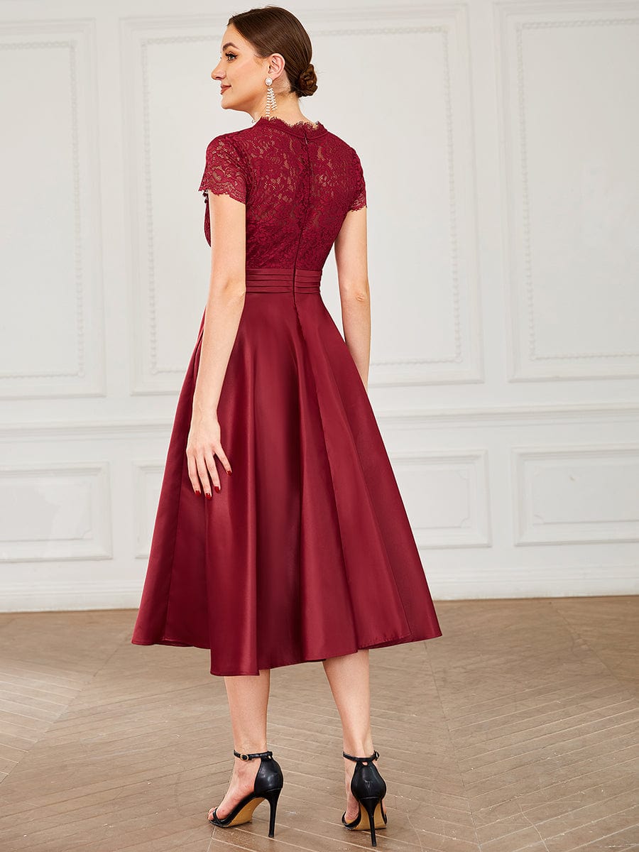 Custom Size Embroidered Floral V Neck Short Sleeves Midi A-Line Cocktail Dress #color_Burgundy